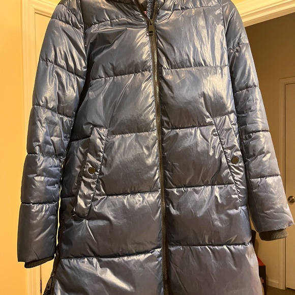 DKNY Women's Metallic Blue Longline Super Puffer Coat - Picture 2 of 4